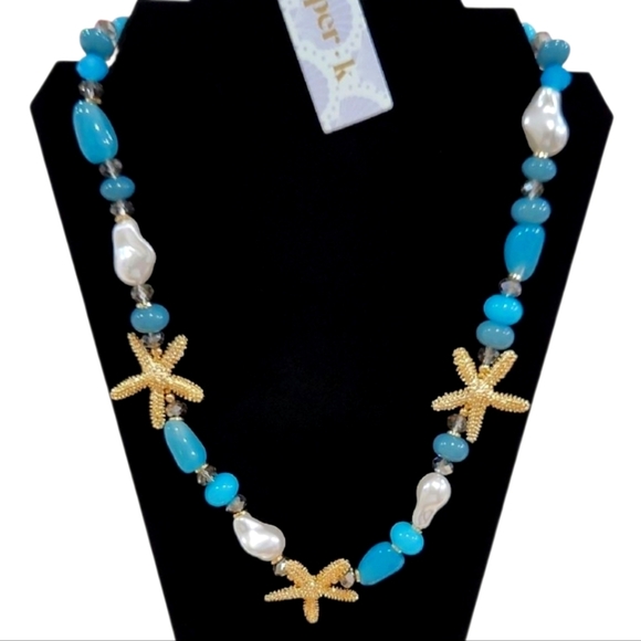 🔹️Piper K🔹️ Blue and Gold Coastal Charm 24" Starfish Pearls Necklace ✨️💙 - Picture 1 of 8
